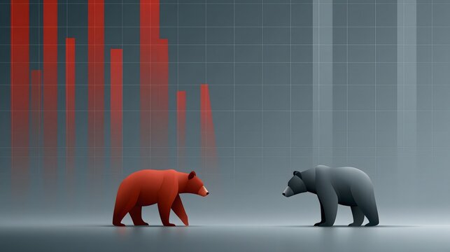 Bear market visualization with red financial graphs dropping across multiple trading screens, modern investment analysis, realistic commercial photography