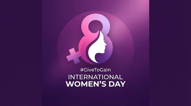 International Women's Day banner with number 8 and female profile, purple gradient background for March 8 celebration, Give To Gain social campaign graphic