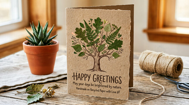 Handmade rustic greeting card with tree illustration and potted succulent