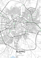 Obraz premium High-contrast, minimalist urban road map of Aleppo, capturing the ancient concentric ring roads, dense historical core, and expanding street grids of Syria's major northern metropolis.