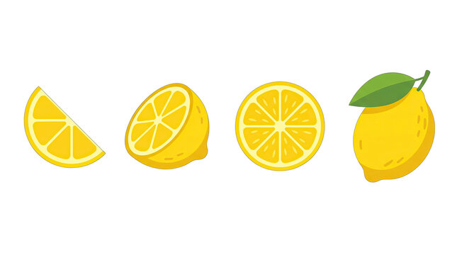 Set of pixel art lemon slices and whole fruit isolated on transparent background