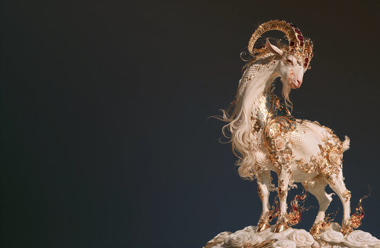 Divine Moon Goat made of white jade and gold on dark background. Chinese zodiac sign. Year of the Goat. Lunar horoscope sign. Digital illustration for banner with copy space