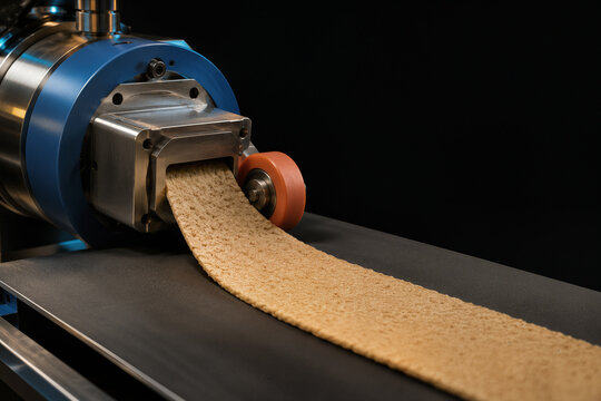 Ruban textur&eacute; de prot&eacute;ines de l&eacute;gumineuses sortant d&rsquo;une extrudeuse industrielle
