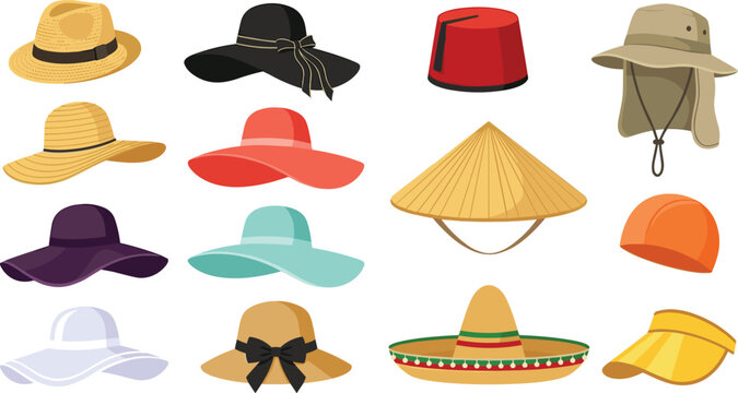 Diverse headwear vector collection featuring summer straw hats sun protection visors and cultural traditional caps