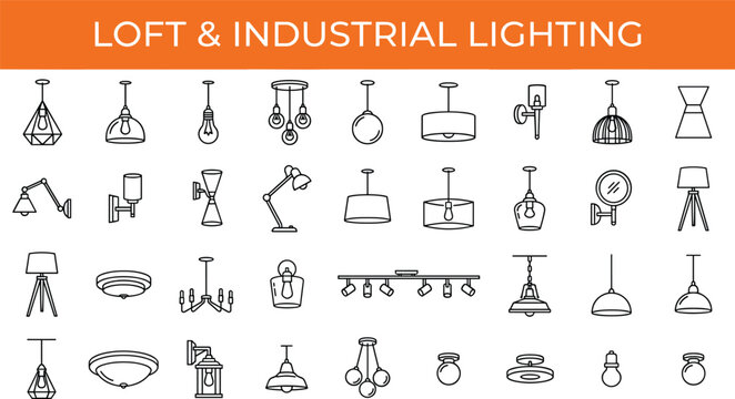 Loft and industrial lighting icon set featuring interior pendant lamps chandeliers sconces and spotlights home decor line art vector