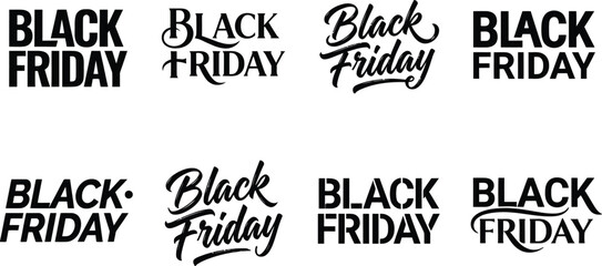 Obraz premium A collection of eight distinct Black Friday typographic logo designs featuring various bold, script, and modern minimalist font styles