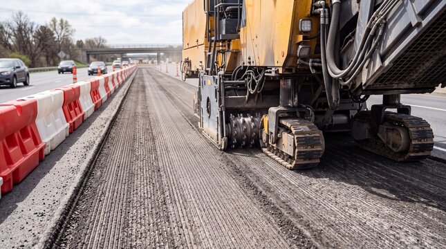 Cold milling machine stripping old asphalt course on highway