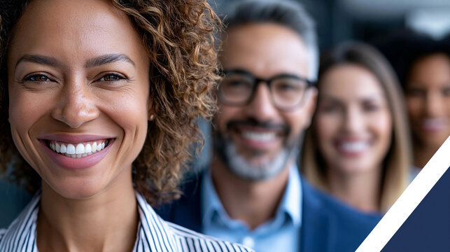 L&auml;chelnde Gesch&auml;ftsfrau mit lockigem Haar steht vor unscharfem Business-Team