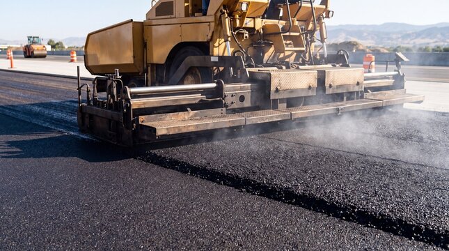 Asphalt paver machine laying hot fresh asphalt on road