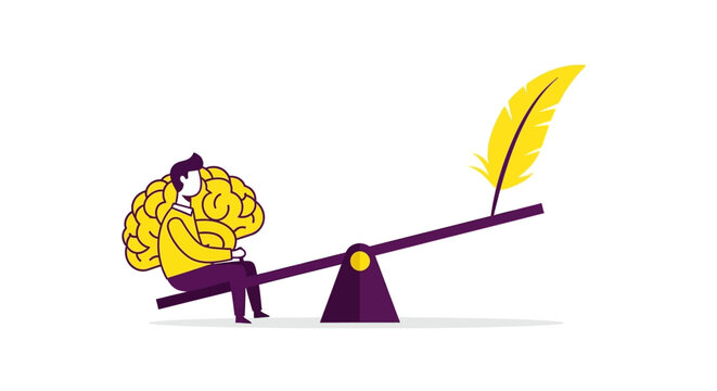 Conceptual Illustration of Brain Power and Intellectual Weight Balancing Against a Light Feather on a Seesaw - Flat Vector Design