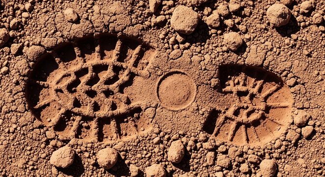 A detailed close-up photograph of a heavy tread boot print impressed into dry red desert soil or cracked arid clay ground surface