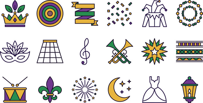 Mardi Gras Carnival Celebration Flat Icon Set Featuring Masquerade Mask, Fleur De Lis, Jester Hat, and Beads for Festive Party Graphic Designs