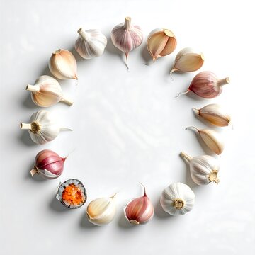 Fresh garlic bulbs arranged in a circle on white background.