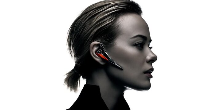 Advanced communication device worn by female model in profile against white background cinematic steady cam for telecommunications branding