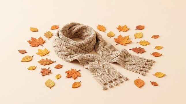 Embracing the Cozy Beauty of the Autumn Season, Cozy knitted scarf surrounded by autumn leaves on a beige background.