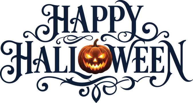 A festive Happy Halloween typography design featuring an ornate dark blue font and a glowing, sinister jack-o'-lantern centerpiece illustration.