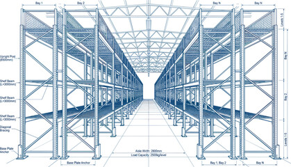 Fototapeta premium Industrial warehouse racking system blueprint vector showing interior perspective view of heavy duty storage shelf infrastructure layout