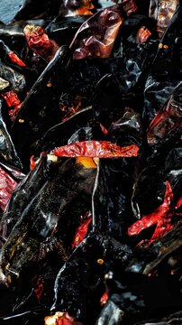 Close-up of assorted dried Mexican chili peppers with rich natural textures and deep red and dark tones. Traditional culinary ingredients commonly used in authentic sauces, marinades, and regional cui