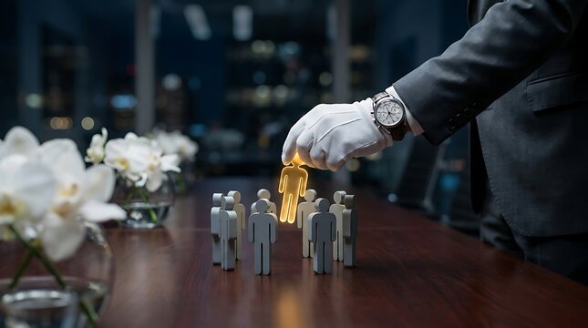 Hand in white glove selecting glowing golden figure from group