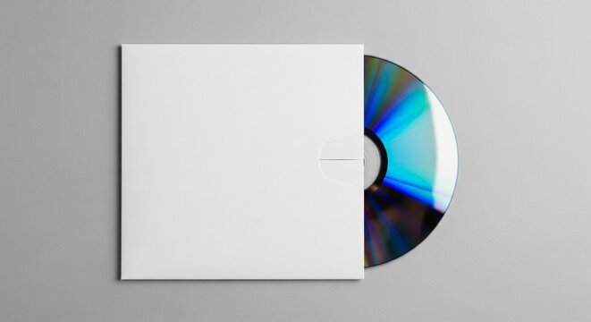 Blank white paper CD sleeve mockup with a multicolored holographic compact disc partially sliding out on a neutral gray background