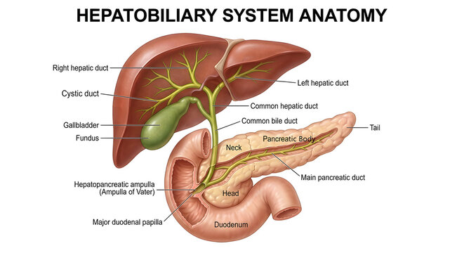 Hepatobiliary System Anatomy with Liver, Gallbladder, Bile Ducts and Pancreas

