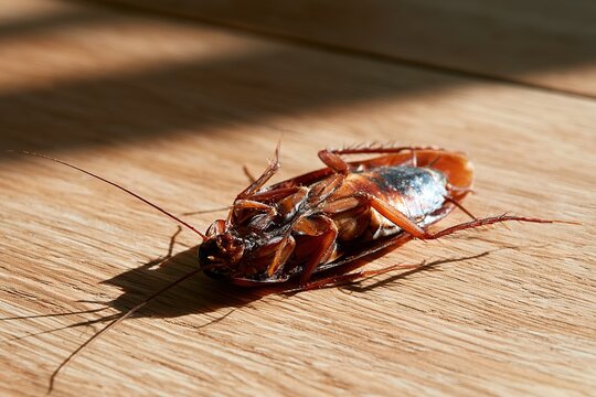 Large brown cockroach lying dead upside down on rustic wooden floor showing legs and insect anatomy in harsh natural light.