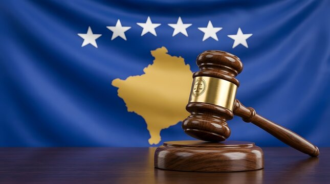 A wooden gavel resting on a desk in front of the national flag of Kosovo, symbolizing law and justice in the country.