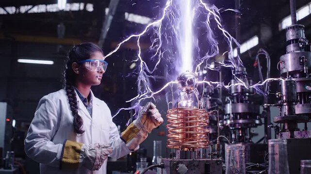Scientist conducting electrical experiment in laboratory. Electrical engineer observing high voltage discharge from tesla coil. Research in physics and innovation.