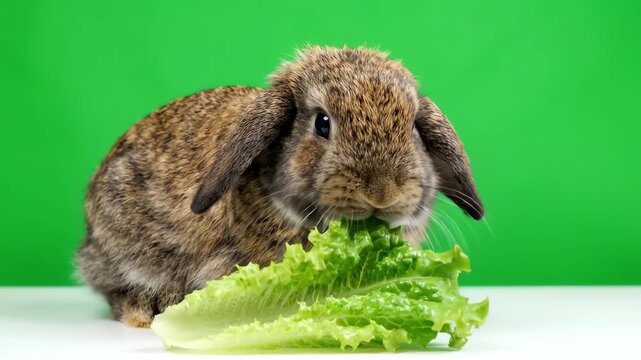 Rabbit eating fresh green lettuce while sitting in front of a bright chroma key green screen background
