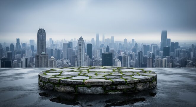 Empty stone podium stage with moss texture on a wet rooftop floor overlooking a moody misty city skyline at dawn