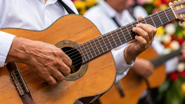 Guitarist playing guitar at flower festival, trova performance, silleteros parade with floral silletas, colorful orchids, chiva bus procession, classic car parade, folkloric celebration
