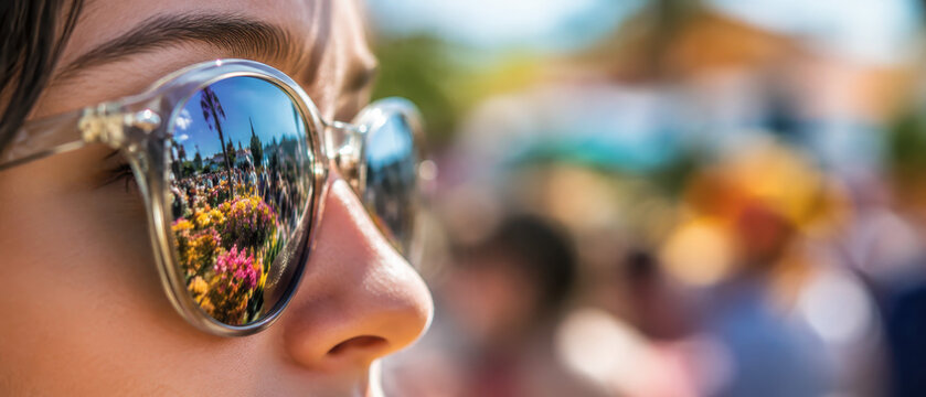 Closeup of sunglasses reflecting flower parade crowds, colombian floral tradition, silletero culture, orchid arrangements, chiva colors, classic car procession, festive street celebration copy space