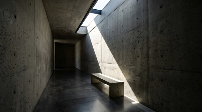 Concrete bench positioned inside a modern minimalist hallway featuring stark geometric lines and dramatic natural sunlight filtering from above skylights