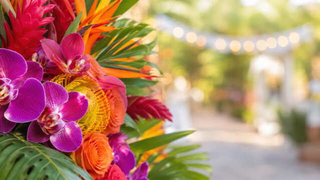 Tropical flower arrangement with orchids, roses, bird of paradise, palm leaves, vibrant floral decor for outdoor celebration, garden venue with string lights, wedding reception backdrop copy space
