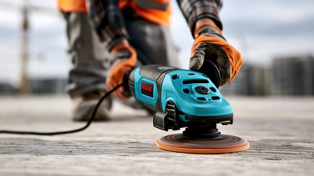 Construction worker power sander electric tool hand tool protective glove safety gear sanding disc concrete floor closeup industrial Construction worker using power sander concrete floor closeup