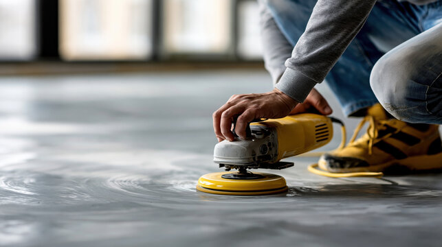 Worker power sander floor polishing construction renovation tool industrial dust Worker power sander floor polishing construction renovation tool industrial dust cleaning surface detail