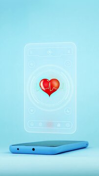 The doctor's hand presents a smartphone app with a heart-shaped medical symbol for managing your personal health and tracking your well-being. Light blue background.