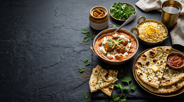 Delicious Indian cuisine featuring hot naan bread, flavorful curry, colorful rice, fresh greens, and traditional accompaniments
