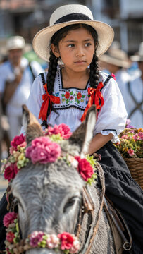 Young girl with braided hair wearing straw hat, embroidered blouse with red ribbons, riding donkey adorned with roses orchids baskets, silleteros flower parade festival cultural procession