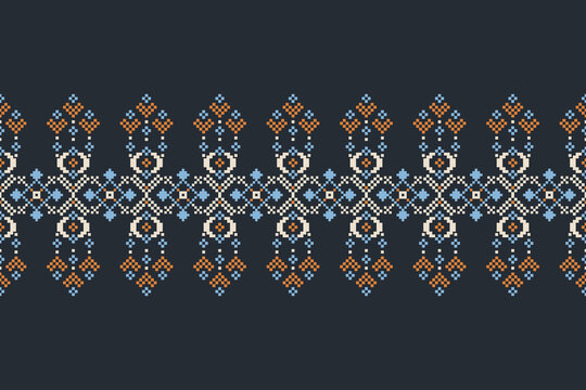 Traditional pixel geometric border pattern with symmetrical floral motifs in blue, orange, and cream. Seamless decorative textile design for fabric, wallpaper, stationery, packaging, and digital backg