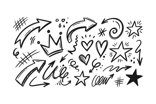 A collection of black and white hand-drawn doodle elements including arrows, hearts, stars, a crown, and hash symbols on a white background
