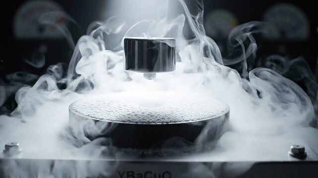 Magnet floating above superconductor disc cooled by liquid nitrogen. Scientific demonstration of magnetic levitation showing phase transition and meissner effect.