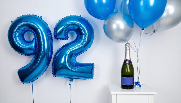 Blue Number 92 Balloon with Champagne Bottle for Birthday or Anniversary Celebration
