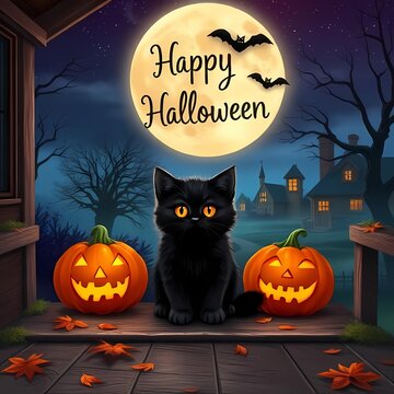 A cute black kitten sitting with glowing pumpkins in a spooky forest scene for happy halloween celebration