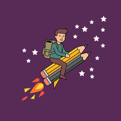 Boy riding pencil rocket through starry space | Creative concept illustration