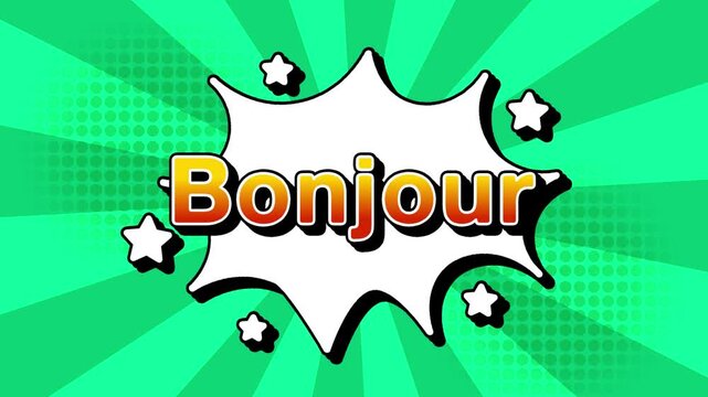 Bonjour text word lettering popup comic cartoon reveal with bomb and smoke explosion manga anime book page dots with radial speed lines doodle teal background with seamless loop animation retro