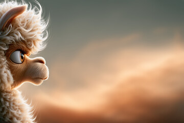 Fototapeta premium Flauschiges Cartoon-Alpaka mit wildem Haar schaut zur Seite niedlich