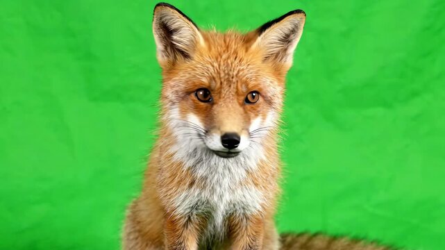 Realistic red fox turning its head and looking around curiously on a bright green screen background for easy compositing