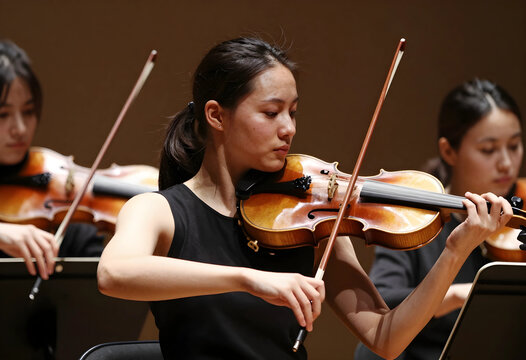Young asian woman playing violin in an orchestra concert, classical music performance and education concept, the classical music performance highlights musical talent and dedication