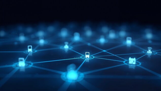 Blue digital network connection with glowing house and device icons